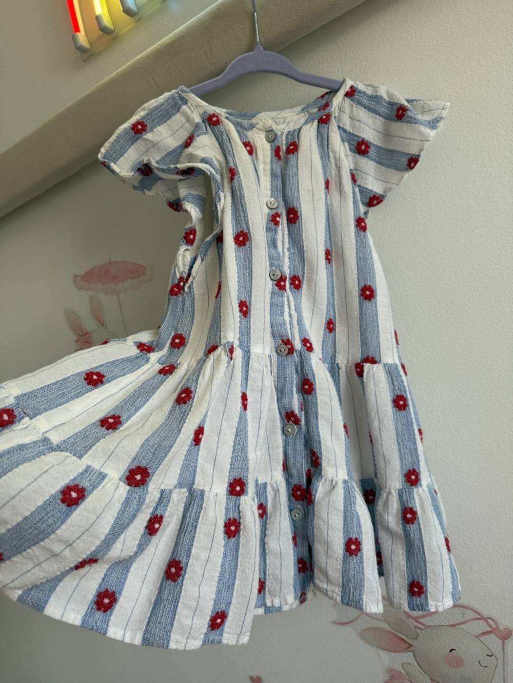 Zara White & Blue Striped Dress with Red Floral Detail